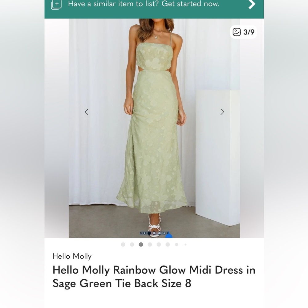 Hello Molly Rainbow Glow Midi Dress in Sage Green Tie Back Size 8